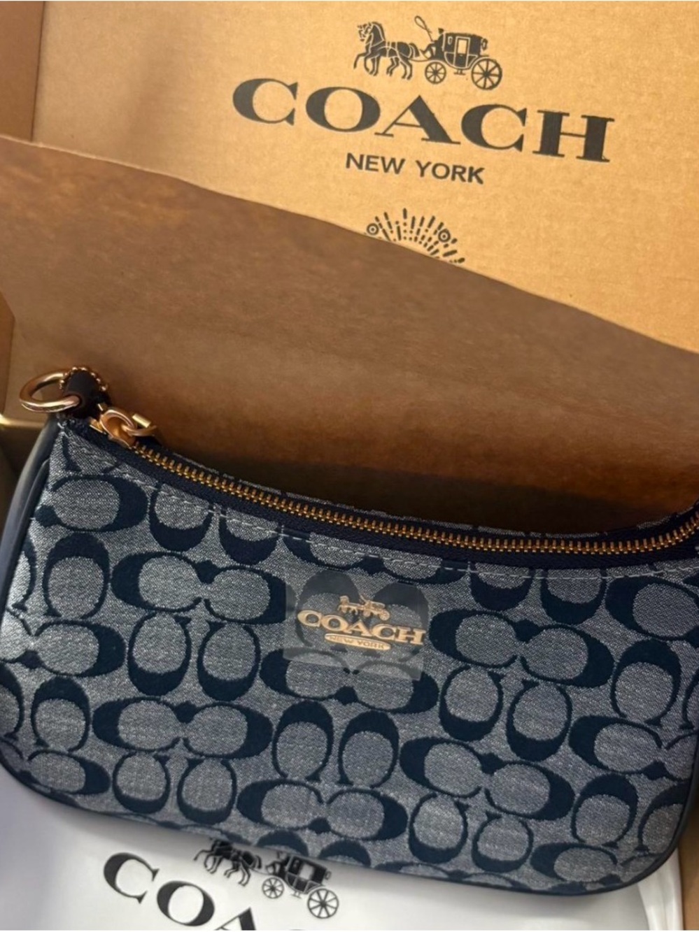 Coach Mini Shoulder Bag in Navy Signature Jacquard with Gold Hardware